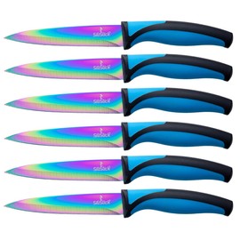 SiliSlick Stainless Steel Steak Knife Set - Titanium Coated Kitchen Steak Knives with Straight Edge & Smoothly Sharp Knife for Cutting Meat - Rainbow Iridescent Kitchen Gifts & Accessories