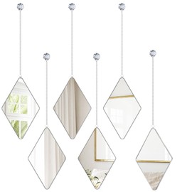 Suzile 6 Pcs Diamond Wall Mirror Set with Chain Hanging with Diamond Handle Frame Decorative Chain Mirror for Home Entryways Living Room Bathroom Farmhouse Wall Decor(Silver)