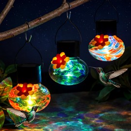 Nuogo 3 Pcs 3.54 Inch Blown Glass Hummingbird Feeders Solar Powered Hummingbird Feeder with LED Light for Garden Outdoors Window Decor Valentine Hanging Gifts Ant and Bee Resistant(Stylish Colors)