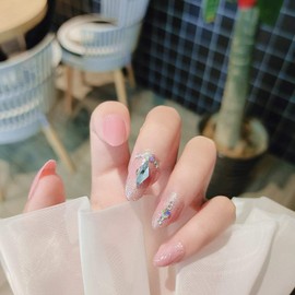 24pcs Cute Elegant Nails Medium Length Fake Nails Girls Party Amusement Park Sequin Decoration Solid Color Nail Tips