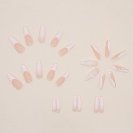 JUSTOTRY Pack of 24 Pearls Coffin Nails for Sticking, Long with Butterfly, White Press On Nails, Pink Ballerina Artificial Nails with Nail Glue, Beautiful Fingernails, Fake Nails, Medium for Women