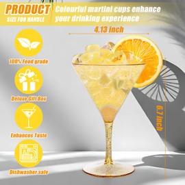 Liacere Martini Glasses Set of 6-11oz Plastic Gold Plastic Martini Glasses-Goblets & Chalices Elegant Colors, Hand-Blown, Art Deco Cocktail Colored Coupes For Manhattan, Cosmopolitan, Sidecar