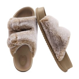 KuaiLu Women’s Fluff Slide Slipper Faux Fur Platform Slippers with Soft Cushion Arch Support Plantar Fasciitis Comfort Open Toe Womens Sliders, Beige Size 6
