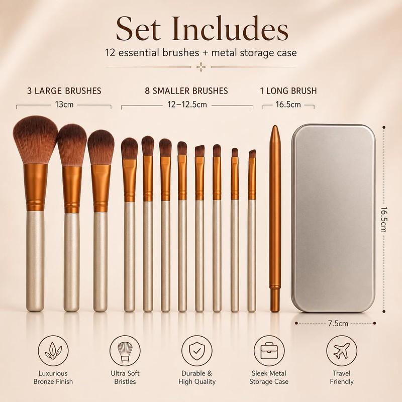 Glamza 12-Piece Make-up Brushes Set with Metal Case, Gold and