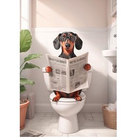 Dachshund Reading Newspaper on Toilet, Funny Bathroom Wall Art, Humorous Dog Print, Size A4