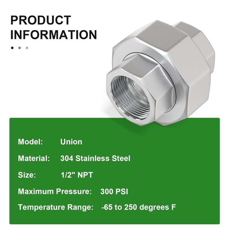 TAISHER 1PCS 304 Stainless Steel Union, 1/2" NPT Female Cast