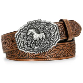LALATCH Cowboy Western Belts for Men Woman, Cowboy Cowgirl Belt Embossed Western Country Buckle Leather Belts for Jeans, Slivery Horse/Brown Belt