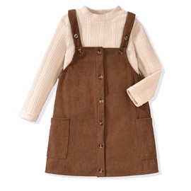 HINTINA 3T Toddler Little Girl Fall Winter 2 Pieces Outfits Long Sleeve Mock Turtleneck Top Corduroy Button Down Overall Pinafore Dress Set Spring Clothes Clothing Suit 3-4T Years