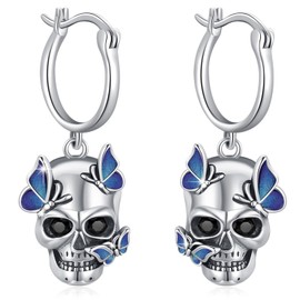 SOESON Sterling Silver Skull Butterfly Earring with Blue Butterfly, Hypoallergenic, Goth Punk Jewelry Gifts for Women, Sterling Silver, No Gemstone