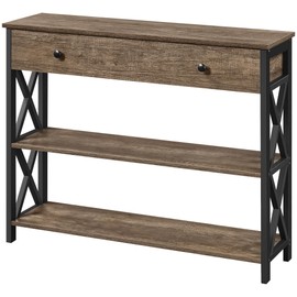 Topeakmart Industrial Console Table Sofa Table with Storage for Entryway, 3 Tier Console Table with Drawer Sturdy Hallway Table for Living Room, X Design, Taupe Wood
