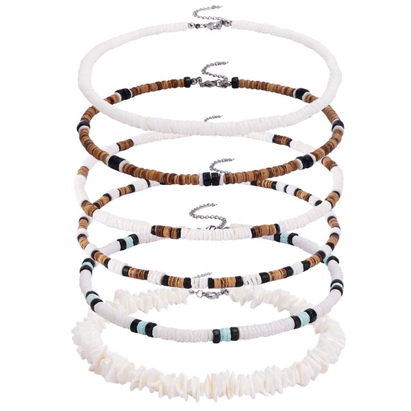 CASDAN 6 Pcs Surfer Puka Shell Necklace - Men's Hawaiian