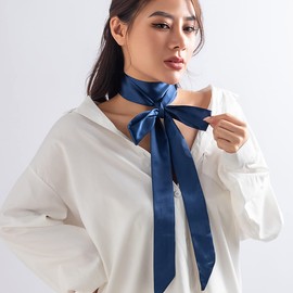 Rannyrena Vintage Silk Satin Long Choker Necklace Wide Soft Wrap Tie Necklace with Flower Elegant Bow-knot Collar Necklace for Women (Blue)