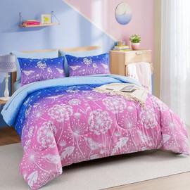 Menghomeus Girls Comforter Set Queen Size 7 Pieces Bed in A Bag Ombre Blue Pink Bedding Set Dandelion Butterfly Print Kids Bedding Collections