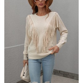 chouyatou Women's Casual Crewneck Fringe Tassel Knitted Pullover Sweater Jumper Tops (Small, Apricot)