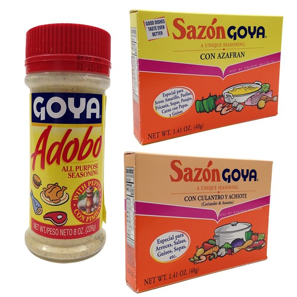 Chefs Secret Ingredient Goya All Purpose Seasoning Bundle with Goya Adobo with Pepper 8 Oz, Sazon Goya Con Culantro Y Achiote 1.41 Oz, and Sazon Goya Con Azafran 1.41 Oz (3 Items)