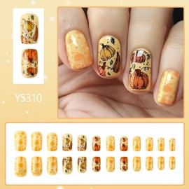 Thanksgiving Press on Nails Short Square Fake Nails with Pumpkin Design Stick on Nails Cute Autumn False Nails Glossy Full Cover Artificial Acrylic Glue on Nail for Women Nail Art Decoration 24Pcs