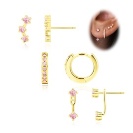 Gold Pink Earrings for Women Star Tourmaline October Birthstone Earrings Set, Cute Jacket Stud Huggie Hoop Earring Stack for Multiple Piercing, Hypoallergenic Trendy Jewelry Gifts
