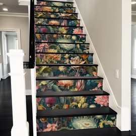 REDAMANCY Exotic Wildflowers Botanical Boho Vintage Plants Peel and Stick Vinyl Stair Riser Decals Staircase Tile Stickers Decor Modern Marble Decoration Self-Adhesive(14 Pcs)