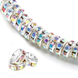 200Pcs 6mm Rondelle Spacer Beads Silver Plated Rhinestone AB Color Crystal Loose Beads for Necklaces Bracelets Jewelry Making