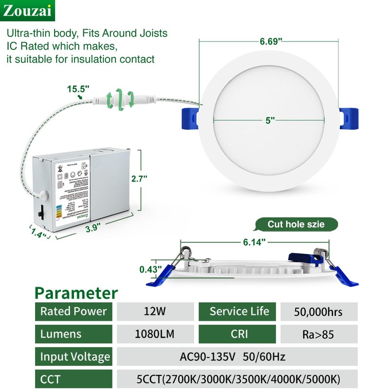zouzai 1 Pack 6 Inch 5CCT Ultra-Thin LED Recessed Ceiling