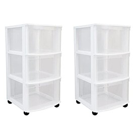 Gracious Living Resin Clear 3 Drawer Storage Chest System w/Removable Rolling Casters for Garage, Basement, Utility, & Laundry Room, White (2 Pack)