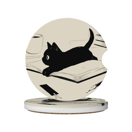 Kawaii Anime Black Cat Car Coasters for Cup Holders,2 Pack Car Cup Holder Coasters for Car,Ceramic Absorbent Car Coaster with A Finger Notch and Cork Base,Car Interior Accessories for Women Men
