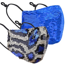 metaltree98 Women's Lady's Animal Print Sequin Glitter Shiny Bling Fashion Face Mask Adjustable Ear Loops Washable Reusable, Breathable Comfort NON- Medical Safety (2 Mask Set - Animal Blue/Blue)