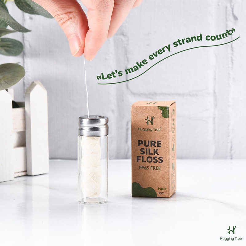 HUGGING TREE Natural Silk Dental Floss with Glass Dispenser |