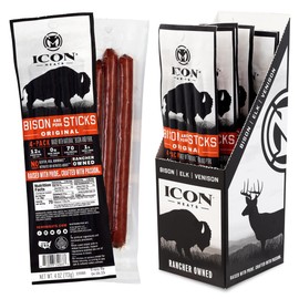 ICON Meats Bison and Pork Snack Sticks - Original Flavor – 6 Packs Per Box, 4 Sticks Per Pack, All Natural Jerky Meat Sticks, USDA Approved, Diet Friendly, High Protein, Low Calorie, Sugar Free