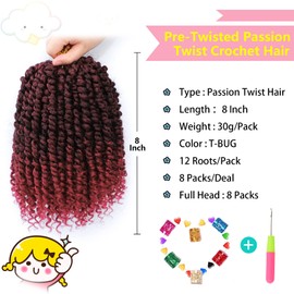 Fulcrum Passion Twist Hair 8 Inch, 8 Packs Passion Twist Crochet Hair for Black Women, Prelooped Crochet Twist Hair with Curly Ends (8Inch, TBUG#)