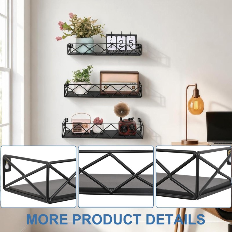 QUCHRYO Floating Shelves Set of 3,Wall Mounted Shelf with Metal