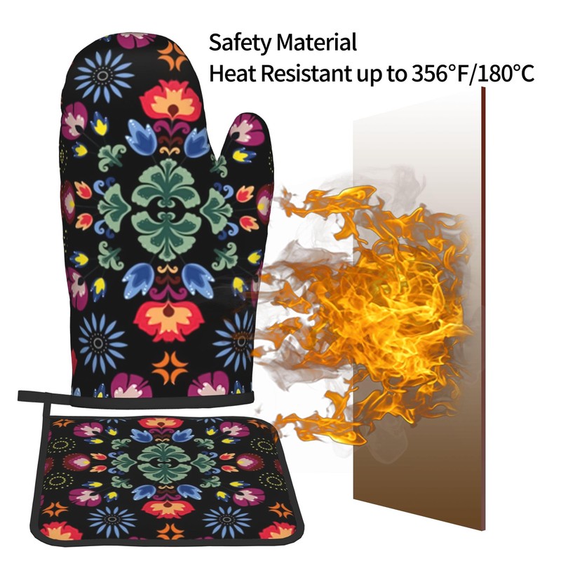 Oven Mitts and Pot Holder Set with Flower Pattern for