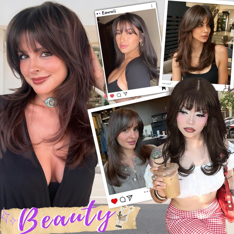 Eawwii Wig with Bangs for Women Brown Blonde Highlight Straight