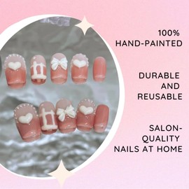 100% Hand-painted Cute Pink Bow Heart Y2K Korean Japanese Douyin Inspired 3D Short Gemstones Durable Reusable Gel Acrylic Press-on Nails 10 pc set (XS)
