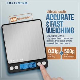 PORTENTUM Digital Kitchen Scale 500g/0.01g - Food or Mail, Electronic, Stainless Steel, Measuring Function for Liquid in ml and fl. oz., Precision Scale
