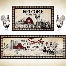 Bencailor 2 Pcs Christmas Farmhouse Kitchen Rugs Farm Rooster Welcome Door Mats Non Slip Washable Decorative Doormat Absorbent Carpets Floor Mat for Indoor Outdoor Home Decorations(Old Barn Rooster)