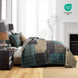 HORIMOTE HOME Velvet Patchwork Quilt King Size, Reversible Vintage Pattern Bedspread Luxury Cozy Vlevet Comforter 3-Pieces Coverlet Bedding Set for All Season (Teal)