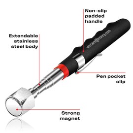 NoCry Telescoping Magnetic Pickup Tool with an Extra Strong 25lb Pull Force — Stainless Steel Magnet Stick Extendable up to 30in; Non-Slip Rubber Handle; Rust Proof and Corrosion Resistant