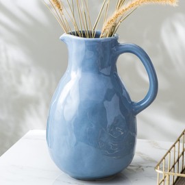 Kimdio Blue Ceramic Vase with Handle, Modern Pitcher Vase for Home Decor, Nordic Pottery Vase, Decorative Flower Vase, Clay Vase, Centerpieces for Living Room