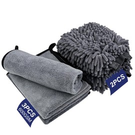 Pryzmax Set of 5 Car Cleaning Set, 3 Drying Cloth, 2 Wash Mitts, Wash Set, Microfibre Cloth, Car Care Set, Car Cleaning Set, for Scratch-Free Drying and Polishing