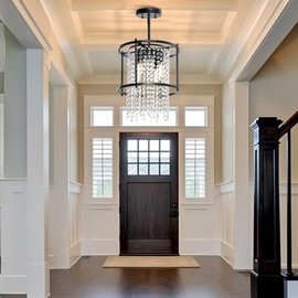 YITAHOME 4-Light Dining Room Crystal Light Fixture, 11.8 inch Round Farmhouse Chandelier Black Metal Pendant Light for Kitchen Island Dining Room Living Room