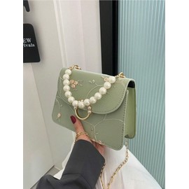 SweatyRocks Women's Crossbody Handbag Faux Pearl Top Handle Flower Embroidery Purses Mini Square Bag Green