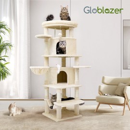 Globlazer C66 Large Cat Tower, Curved Series Corner Cat Trees and Towers for Large Indoor Cats with Big Cat Condos, 6 Scratching Posts, Hammock, Beige