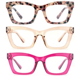 bullabulling 3 pack Oprah style Spring hinge Readers Blue Light Blocking Computer Square Reading Glasses for Women Men (flowers/tea/rose, 1.25)