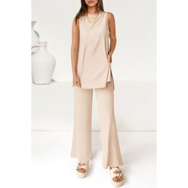 PRETTYGARDEN Women's 2 Piece Lounge Set 2025 Summer Casual Loose Tank Top Wide Leg Pants Matching Travel Outfits Tracksuit (Beige,Medium)