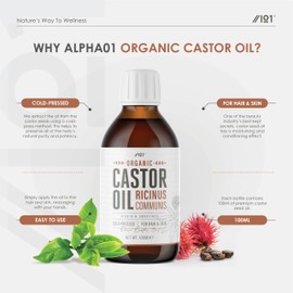 Organic Castor Oil 100ml | 100% Unrefind & Cold Pressed - Hexane Free | for Skin & Hair | Food-Grade & Sustainably Sourced - By Alpha01