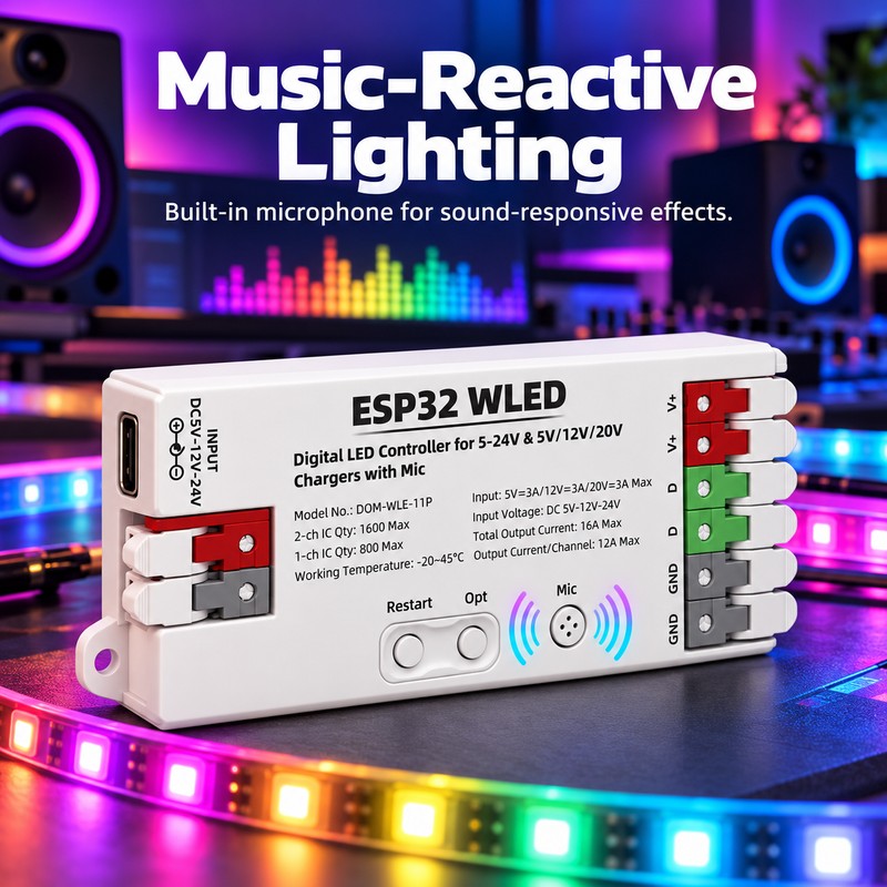 ESP32 WLED LED Controller with Mic – Wi-Fi Control and