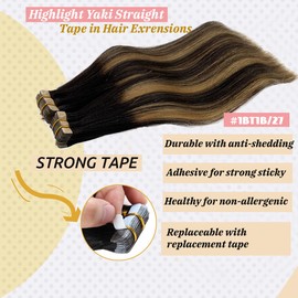 Yaki Tape in Hair Extensions Real Human Hair,Ombre Tape in Human Hair Black Roots Tape in Extensions Blayage Natural Black Fading to Strawberry Blonde Yaki Straight Hair Extensions Tape in 20Pcs