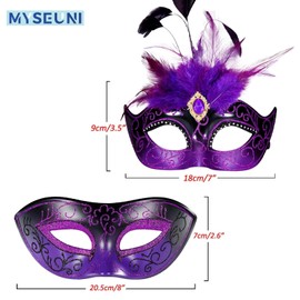 MYSEUNI 2025 Purple Masquerade Mask with Feathers for Couple - Masquerade Masks for Adults - Women Costume Mask for Mardi Gras, Cosplay Party