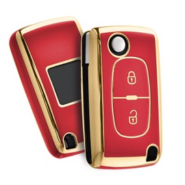 OATSBASF Car Key Case for Peugeot, Key Cover for Peugeot 207 307 308 407 408 3008 5008 Citroen C2 C3 C4 C5 C6 C8 2 Buttons Key Case Accessories （Golden Edge Red)